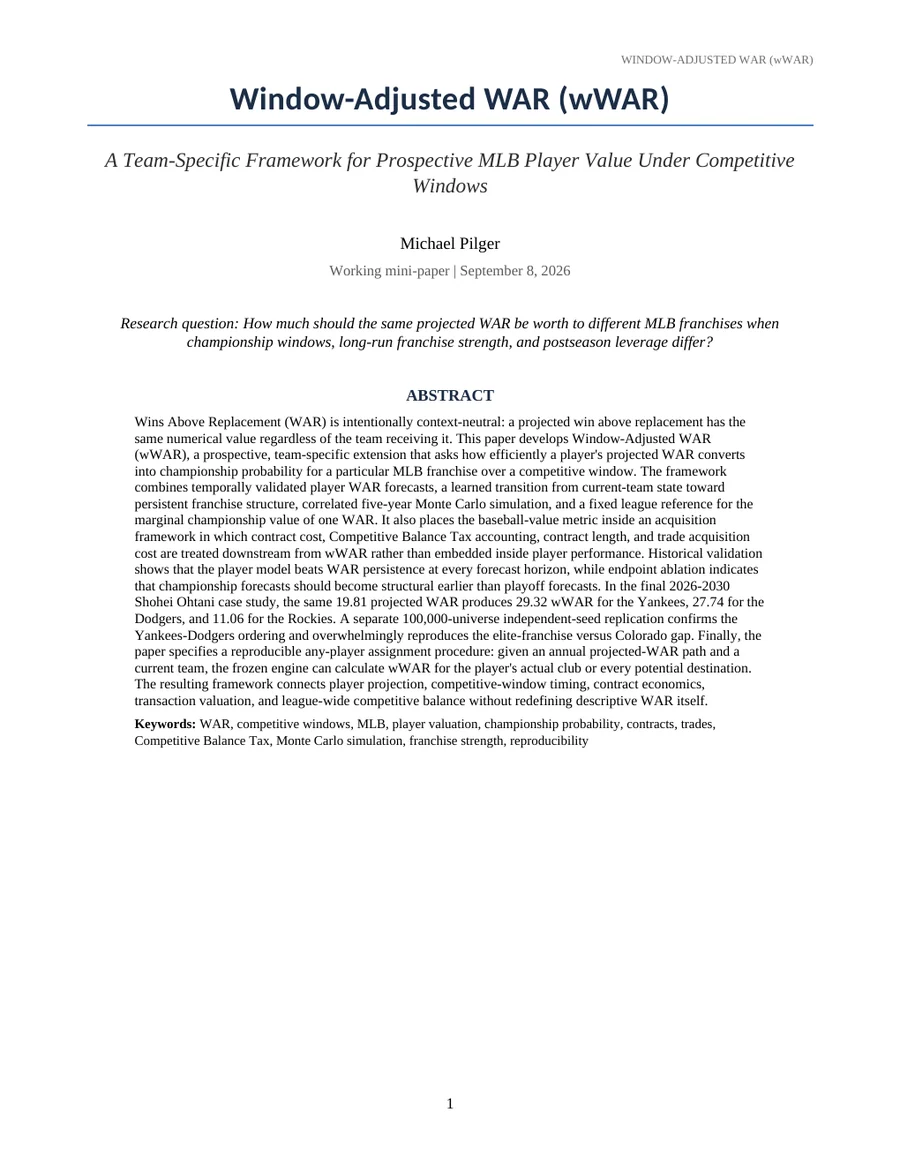 Cover page of the Window-Adjusted WAR research paper